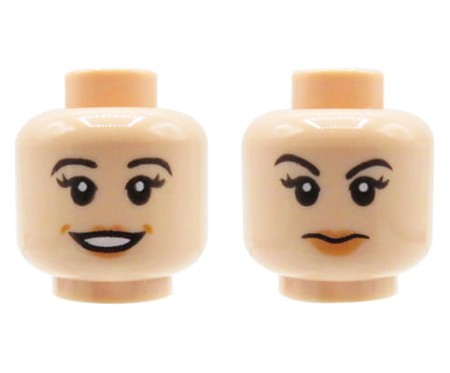 LEGO minifigure head - woman, light nougat, long eyelashes, peach lips, dual sided (open smile / neutral)