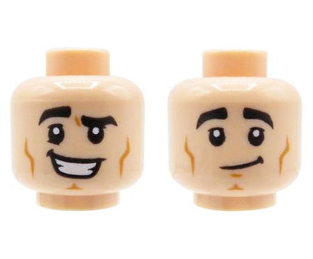 LEGO minifigure head - man, light nougat, dual sided (large smile / lopsided grin)