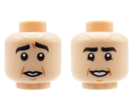 LEGO minifigure head - man, light nougat, thick black eyebrows, dual sided (smile / worried)