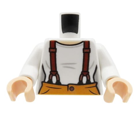 LEGO minifigure torso - white shirt, reddish brown suspenders.