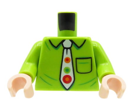LEGO minifigure torso - lime shirt with collar, pocket and white tie with spots