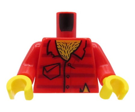 LEGO minifigure torso - prisoner / thief / robber, red worn shirt, hairy chest