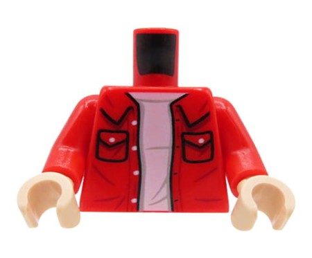 LEGO minifig torso - red unbuttoned shirt with pockets and collar, white t-shirt