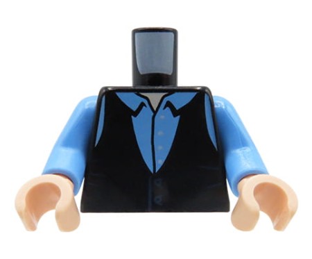 LEGO minifigure torso - black vest, medium blue shirt with collar.