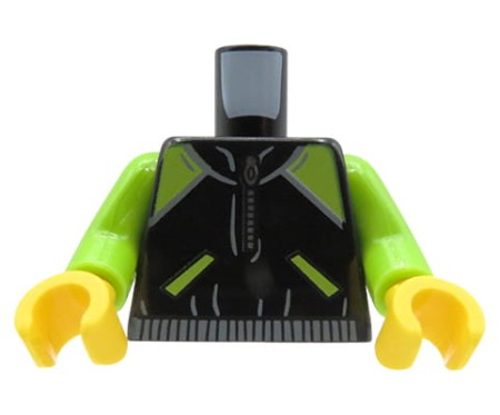 LEGO minifigure torso - black and lime jacket / sweatshirt with zipper