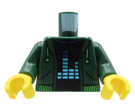 LEGO minifigure torso - dark green hoodie, black shirt with print.