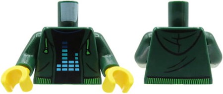LEGO minifigure torso - dark green hoodie, black shirt with print.