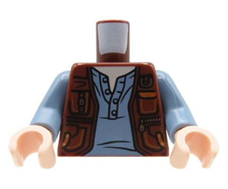 LEGO minifigure torso - brown vest with pockets, sand blue shirt.