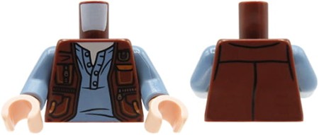 LEGO minifigure torso - brown vest with pockets, sand blue shirt.