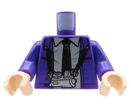 LEGO minifigure torso - purple jacket, black tie, gray shirt, silver camera on the neck