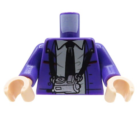 Accéder au produit Torse de figurine LEGO - veste violette, cravate, chemise, appareil photo