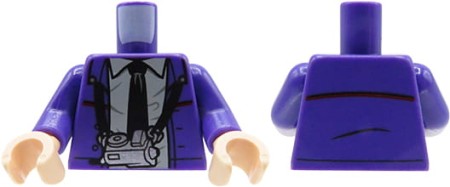 LEGO minifig torso - purple jacket, black tie, gray shirt, silver camera on the neck