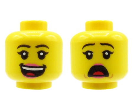 LEGO minifigure head - woman, black eyebrows, pink lips, dual sided (open smile / scared)
