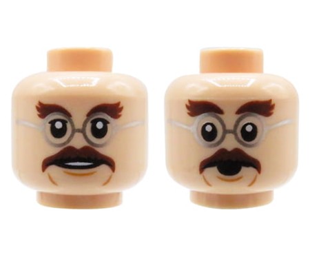 LEGO minifigure head - man, light nougat, dark brown bushy eyebrows and moustache, silver round glasses, dual sided (smile / shocked, open mouth)
