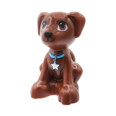 LEGO Friends sitting little dog / puppy - reddish brown with blue collar with silver star