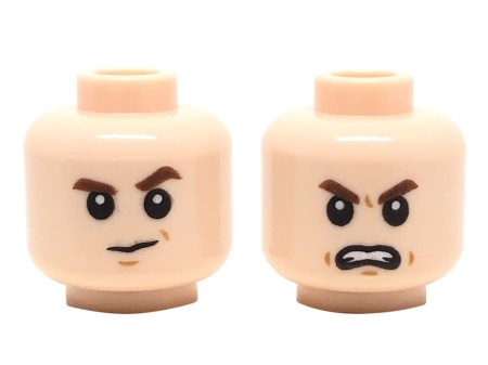 LEGO minifigure head - man, light nougat, dual sided, suspicious with left eyebrow raised / angry