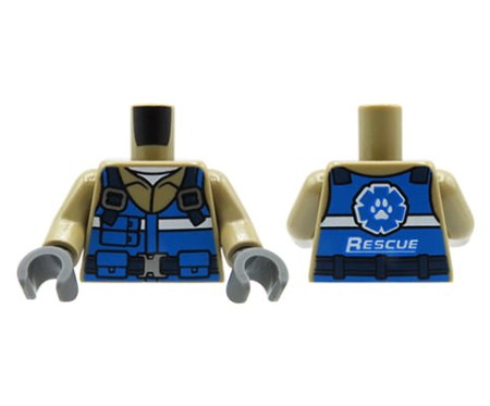 LEGO minifigure torso - animal rescuer - blue vest with pockets, dark tan shirt, dark blue belt with buckle, 'rescue' logo on back.