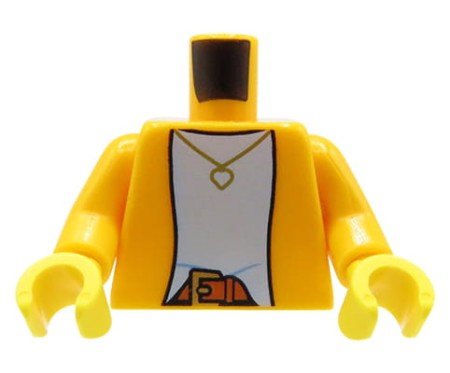 LEGO minifigure torso - orange jacket, bright light blue shirt, gold necklace with heart