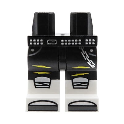 LEGO minifigure legs - black pants with silver belt and chain, white shoes.