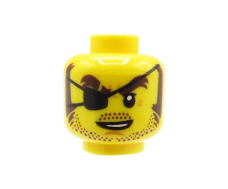 LEGO minifigure head - man / pirate, black eyepatch, brown eyebrows, sideburns and stubble, smile