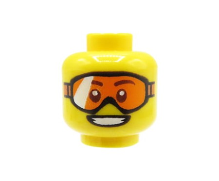 LEGO minifigure head - orange goggles, open smile