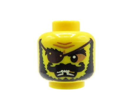 LEGO minifigure head - man / pirate, eyepatch, black bushy beard, moustache, missing tooth