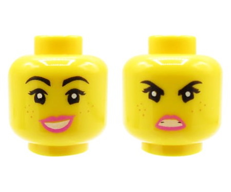 LEGO minifigure head - woman, freckles, pink lips, dual sided (open smile / angry)