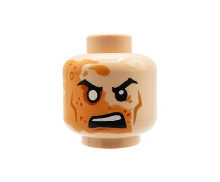 LEGO minifigure head - man, light nougat, burned face, open mouth, angry
