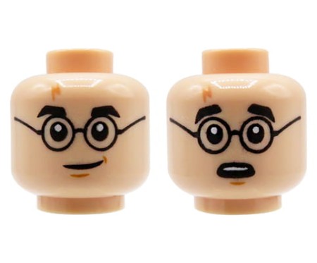 LEGO minifigure head - man, light nougat, round glasses, dual sided (grin/ surprised)