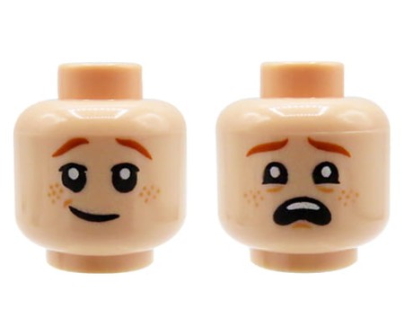 LEGO głowa / główka figurki - dziecko / chłopiec, cielista, piegi, dwustronna (delikatny uśmiech / przestraszona mina, otwarta buzia)