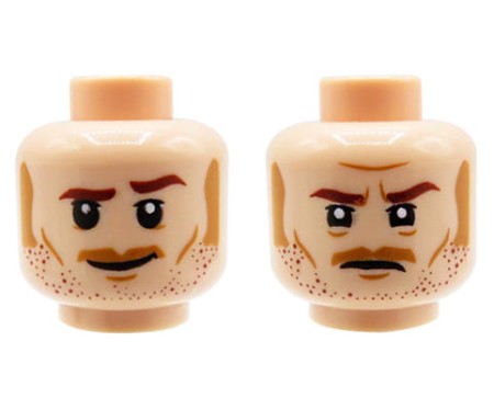 LEGO minifigure head - man, light nougat, stubble, sideburns and moustache, dual sided (smile / firm expression)
