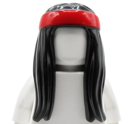 LEGO minifigure hair - female, black, long with red headband.
