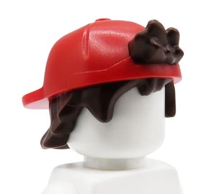 LEGO minifigure hair - male, black, tousled with red cap