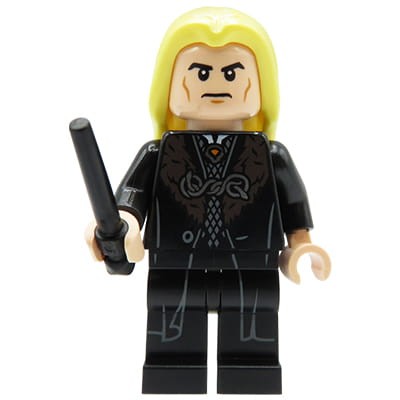 LEGO Harry Potter Minifigure - Lucius Malfon - black robe, yellow long hair, wand.