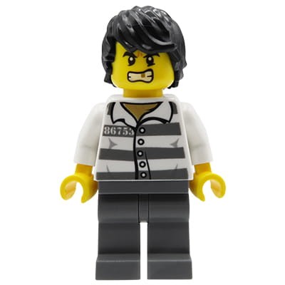 LEGO City Minifigure - Male jail prisoner / thief / robber - striped prison clothes, black hair, gold tooth