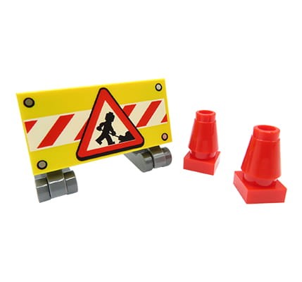 Road Works: road sign and cones - made of LEGO bricks