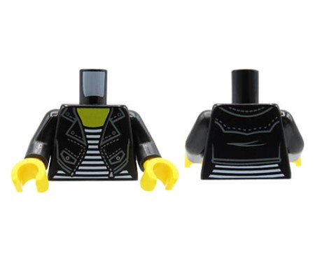 LEGO minifig torso - black leather jacket with silver snaps and zipper, white striped shirt