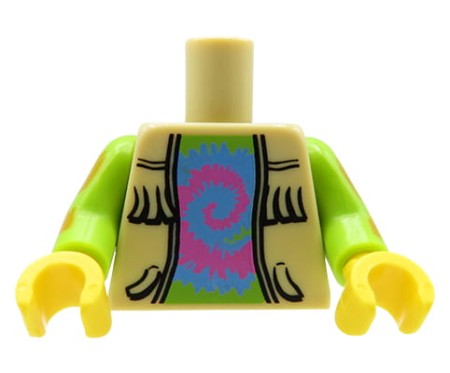 LEGO tors figurki - beżowa kamizelka z frędzlami i kolorowy sweter w stylu hippie