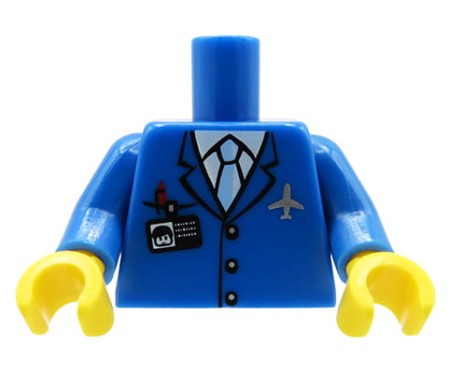 LEGO minifigure torso - plane captain / blue jacket, tie, ID badge, plane logo