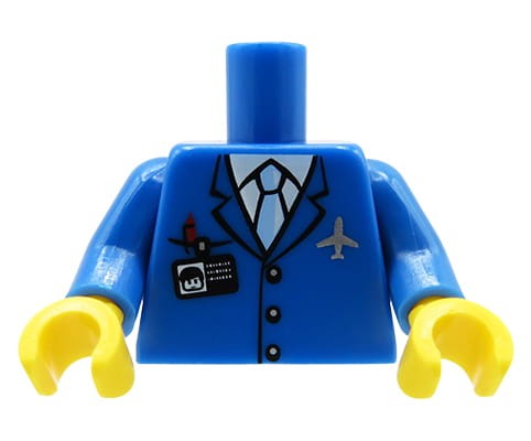 Accéder au produit Torse de figurine LEGO - capitaine d'avion / veste bleue, cravate, badge d'identification