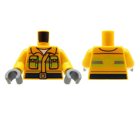 LEGO minifigure torso - firefighter / fireman, orange jacket with belt, pockets, reflective stripes and logo on back