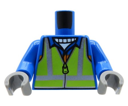 LEGO minifigure torso - lime safety vest with reflective stripes, blue jacket