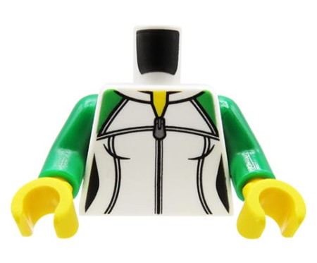 LEGO minifig torso - white and green, female sweatshirt with zipper