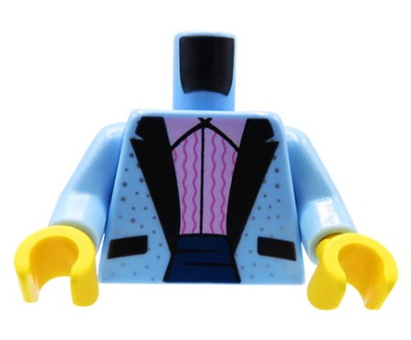 LEGO minifigure torso - bright light blue elegant suit jacket / tuxedo / tailcoat with silver dots, bright pink shirt