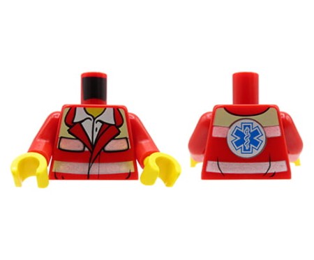 LEGO minifigure torso - paramedic / medical rescuer, red jacket with logo on back, white shirt