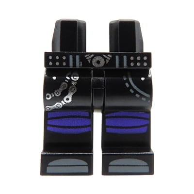 LEGO minifigure legs - black pants with silver chains, belt, purple knee pads and dark bluish gray shoes