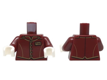 LEGO minifig torso - bellboy / dark red suit vest, white gloves.