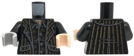 LEGO minifigure torso - black striped suit jacket and black shirt with collar, gray glove