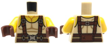 LEGO minifigure torso - beige / tan tank top, brown suspenders and belt, gloves
