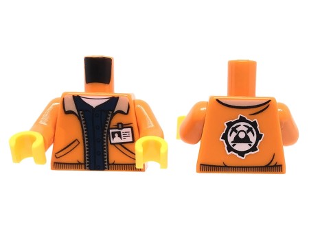 LEGO minifigure torso - miner / orange jacket with zipper, badge ID, and miners logo on back
